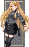  1girl absurdres alternate_costume bangs black_legwear black_skirt blush clothing_cutout earrings ereshkigal_(fate) fate/grand_order fate_(series) grey_shirt hair_ornament highres jewelry long_hair long_sleeves looking_at_viewer open_hand parted_bangs parted_lips red_eyes shirt shirt_tucked_in shoulder_cutout skirt smile solo thigh-highs thighs toukan 