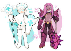  2019 2boys :d amy7996659 arm_at_side armor armored_boots armored_gloves artist_name black_pants blue_eyes boots bright_pupils brown_gloves capelet chinese_commentary chinese_text clenched_hand clenched_teeth commentary_request cookie_run dark-skinned_male dark_skin dated dreadlocks elbow_gloves full_body gloves hair_behind_ear hand_up hat highres holding holding_shield holding_staff humanization knee_boots long_hair male_focus milk_cookie multiple_boys navel nipples open_mouth pale_skin pants pink_boots puffy_pants purple_hair purple_yam_cookie scar scar_across_eyes scar_on_stomach sharp_teeth shield shirt short_hair shoulder_armor sidelocks simple_background smile sparkle staff standing straight-on teeth tongue translation_request v-shaped_eyebrows very_short_hair violet_eyes white_background white_boots white_capelet white_gloves white_hair white_hat white_pants white_pupils white_shirt 