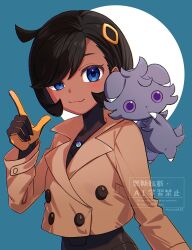 1girl black_bodysuit black_hair blue_eyes bodysuit brown_jacket closed_mouth emma_(pokemon) espurr hair_ornament highres jacket long_sleeves looking_at_viewer mega_stone nisanrei121 on_shoulder pokemon pokemon_(creature) pokemon_legends:_z-a pokemon_on_shoulder short_hair smile upper_body 