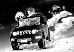  2boys car cyborg driving greyscale highres kswmt3 kurt_cramer male_focus max_mccalister mechanical_arms military_jeep milky_galactic_universe milky_subway monochrome motor_vehicle multiple_boys no_mouth parted_bangs robot screentones sky smoke star_(sky) starry_sky steering_wheel wheel 