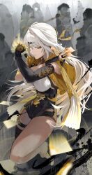  1girl asymmetrical_gloves black_unitard breasts coin commentary duplicate elbow_gloves fingerless_gloves full_body gloves gold_coin hair_ornament high-waist_shorts highres holding holding_ofuda holding_over_opposite_shoulder holed_coin jacket large_breasts long_hair money ofuda open_clothes open_jacket shorts single_elbow_glove single_hair_intake single_thighhigh solo thigh-highs uneven_gloves white_hair yellow_eyes yellow_jacket yixuan_(zenless_zone_zero) yukii91218 zenless_zone_zero 