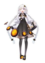  1girl ;d absurdres ahoge armlet ayakura_juu bangle black_dress black_fur black_gloves black_pantyhose black_shoes blue_eyes bracelet braid collared_shirt contrast_collar cross_tie dress floating floating_object full_body fur-trimmed_jacket fur_trim gloves hair_ornament hair_tubes highres holding holding_microphone jacket jewelry kizuna_akari kizuna_akari_(vocaloid6) layered_dress long_hair long_sleeves low_twintails messy_hair microphone multicolored_shoes nail_polish official_art one_eye_closed open_mouth orange_nails orange_shoes outstretched_hand pantyhose partially_fingerless_gloves pinafore_dress pocket puffy_long_sleeves puffy_sleeves second-party_source shirt shirt_under_dress shoes sleeveless sleeveless_dress smile solo sparkle_print speaker standing straight-on teeth transparent_background twin_braids twintails two-sided_fabric two-sided_jacket underbust upper_teeth_only very_long_hair vocaloid white_hair white_jacket white_shirt 