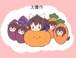  6+girls :3 animal_ears brown_hair carrot_costume chibi chibi_only clone closed_mouth commentary_request daitaku_helios_(umamusume) ear_covers food gomashio_(goma_feet) horse_ears horse_girl horse_tail multicolored_hair multiple_girls pumpkin_costume roasted_sweet_potato short_hair streaked_hair sweet_potato tail translation_request umamusume |_| 