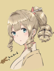  1girl absurdres berukuto_(berukuto_47) blue_eyes brown_background brown_hair drill_hair hatakaze_(kancolle) highres japanese_clothes kantai_collection kimono long_hair looking_at_viewer meiji_schoolgirl_uniform ponytail solo upper_body white_kimono 