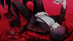  2boys absurdres amamiya_ren black_eyes black_hair black_jacket black_pants black_shoes broken_screen calling_card card commentary cracked_phone domino_mask dual_persona eye_mask full_body hair_between_eyes hand_up hashtag-only_commentary highres holding holding_mask jacket joker_(persona_5) knees_up koyochi_(koyochi0716) looking_at_viewer lying male_focus mask multiple_boys on_back open_clothes open_jacket out_of_frame pants persona persona_5 phone plaid_clothes plaid_pants red_background ripples school_uniform shirt shoes short_hair shuujin_academy_school_uniform solo turtleneck turtleneck_shirt white_mask white_shirt 