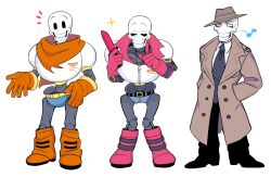  2017 2d 3boys alternate_design armor belt black_necktie black_pants blue_shorts boots brown_coat brown_hat cape coat digital_media fedora full_body gloves hand_in_pocket hand_on_own_hip hat highres holding_knife humanoid knees_together_feet_apart knife lineup male monster monster_boy multiple_boys multiple_persona musical_note necktie notice_lines pants papyrus_(undertale) red_boots red_cape red_gloves shorts simple_background skeleton sparkle standing teeth times_new_roman_(undertale) undead under_mizo undertale utdr_(toby_fox) white_armor white_background 