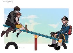  3boys bags_under_eyes bandage_over_one_eye black_gloves black_pants black_shoes black_vest blonde_hair blush blush_stickers boots brown_boots brown_hair closed_eyes coat doll_joints fang firefighter firefighter_helmet florian_brand frown full_body gloom_(expression) gloves grey_shirt happy highres identity_v joints kneehighs louis_(identity_v) male_focus matthias_czernin multiple_boys on_seesaw pants profile seesaw shaded_face shirt shoes shorts single_glove smile socks tendenbarabara twitter_username vest white_coat white_socks yellow_shorts 