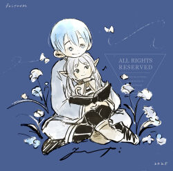  1boy 1girl black_pants blue_background blue_eyes book bug butterfly capelet closed_mouth commentary_request copyright_name cuddling dated dot_nose double-parted_bangs elf forehead frieren green_eyes grey_hair grey_shirt highres himmel_(sousou_no_frieren) holding holding_book indian_style kochyan52jp long_sleeves musical_note open_book pants parted_bangs pointy_ears red_eyes shirt short_hair sitting smile sousou_no_frieren striped_clothes striped_shirt very_short_hair watermark white_capelet 