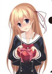  1girl blonde_hair blush bow box buttons chaos;child chest_bow chocolate collarbone cropped_jacket double-breasted dress_vest fingernails food gift hair_between_eyes hair_ribbon heart-shaped_box hekiho_academy_school_uniform holding holding_chocolate holding_food holding_gift kurusu_nono lips long_hair long_sleeves miniskirt official_art open_mouth red_bow red_ribbon ribbon sailor_collar sasaki_mutsumi school_uniform science_adventure skirt solo tongue valentine violet_eyes white_sailor_collar 