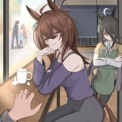  1boy 1other 3girls agnes_tachyon_(umamusume) ahoge animal_ears apron bare_shoulders black_hair black_pants black_pantyhose black_shoes black_vest blue_skirt blush breasts brown_hair closed_mouth crossed_arms ear_covers green_apron hair_between_eyes hair_over_one_eye hand_on_own_face highres horse_ears horse_girl horse_tail indoors long_hair long_sleeves looking_at_another looking_at_viewer manhattan_cafe_(umamusume) multiple_girls off-shoulder_shirt off_shoulder open_mouth orange_hair pants pantyhose pov purple_shirt purple_shoes red_eyes shaded_face shirt shirt_under_shirt shoes short_hair short_sleeves sidelocks silence_suzuka_(umamusume) sitting skirt smile staring sweat t-shirt tail tomatoidaphne trainer_(umamusume) umamusume vest white_shirt yellow_eyes yellow_shirt 