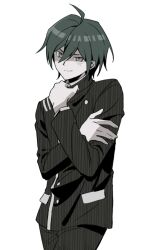  1boy ahoge black_hair black_pants danganronpa_(series) danganronpa_v3:_killing_harmony hair_between_eyes hairstarfish hand_up jacket long_sleeves male_focus pants saihara_shuichi short_hair simple_background smile solo striped_clothes striped_jacket striped_pants white_background 