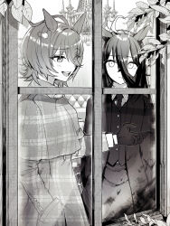  2girls agnes_tachyon_(umamusume) ahoge alternate_costume animal_ears capelet chandelier closed_mouth coat earrings gloves greyscale hair_between_eyes hand_in_pocket highres horse_ears horse_girl jewelry long_hair long_sleeves looking_at_another manhattan_cafe_(umamusume) monochrome multiple_girls necktie nochatea open_mouth short_hair single_earring umamusume vest window 