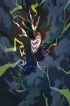  animal_focus black_sclera blue_eyes claws colored_sclera commentary_request dark dragon electricity glowing half-closed_eyes highres miraidon no_humans pokemon pokemon_(creature) smoke solo wulie_errr 