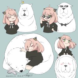  1girl adjusting_eyewear ahoge anya_(spy_x_family) arms_behind_back black_bow black_bowtie black_dress black_shoes blush bond_(spy_x_family) bow bowtie child closed_eyes closed_mouth cropped_torso cuddling dated dog dress full_body green_eyes grey_background hairpods half-closed_eyes hand_on_own_hip highres medium_hair multiple_views open_mouth parted_lips pigrabbit_mtz pink_hair riding riding_animal shoes signature smile socks spy_x_family sunglasses troll_face twitter_username upper_body white_bow white_socks 