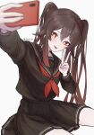  1girl blush brown_hair eyebrows_visible_through_hair flat_chest flower-shaped_pupils genshin_impact highres holding holding_phone hu_tao_(genshin_impact) kochi_4 long_hair phone red_eyes school_uniform selfie symbol-shaped_pupils tongue tongue_out twitter_username v white_background 