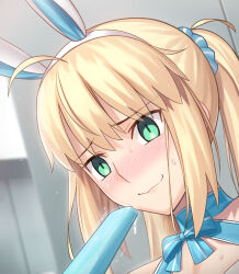  1girl ahoge animal_ears apron artoria_caster_(fate) artoria_caster_(swimsuit_berserker)_(second_ascension)_(fate) artoria_pendragon_(fate) besmiled blonde_hair blue_bow blue_bowtie blurry blurry_background blush bow bowtie breasts chinese_commentary closed_eyes closed_mouth collarbone commentary_request depth_of_field detached_sleeves dress embarrassed fake_animal_ears fate/grand_order fate_(series) food hair_between_eyes hairband highres holding holding_food holding_popsicle indoors licking long_hair nervous_smile ponytail popsicle rabbit_ears scrunchie sidelocks smile solo sweatdrop trembling very_long_hair white_hairband 