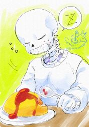  1boy 2023 2d artist_logo artist_name closed_eyes dated digital_media faux_traditional_media food green_background holding_spoon humanoid ikkakutenma ketchup male male_focus male_only monster monster_boy omelette omurice plate sans_(undertale) shirt simple_background skeleton sleeping solo speech_bubble spoken_zzz spoon teeth twitter_username undead undertale utdr_(toby_fox) white_shirt 
