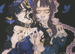  black_hair brown_hair bug butterfly closed_eyes dress frills glasses gloves green_dress highres holding_hands isolde_(reverse:1999) jewelry kakania_(reverse:1999) necklace nnuya violet_eyes white_gloves yuri 