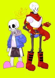  2023 2boys 2d armor artist_logo artist_name black_shorts blue_jacket blue_shorts boots brothers cape dated digital_media duo full_body gloves green_background grey_hood hand_in_pocket hand_on_own_hip height_difference hollow_eyes hood hood_down hooded_jacket humanoid ikkakutenma jacket male male_focus male_only monster monster_boy multiple_boys open_clothes open_jacket papyrus_(undertale) pink_slippers red_boots red_cape red_gloves sans_(undertale) shirt shorts siblings side-by-side simple_background single_vertical_stripe skeleton slippers socks standing striped_shorts teeth twitter_username undead undertale utdr_(toby_fox) vertical-striped_clothes vertical-striped_shorts white_armor white_shirt white_socks white_stripes 