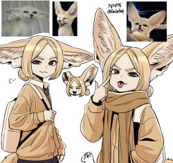  animal animal_ears backpack bag blonde_hair collared_shirt creature_and_personification fennec_fox fox fox_ears fox_girl fox_tail gegegekman highres long_sleeves looking_at_viewer necktie original personification photo_inset reference_inset scarf shirt tail tongue tongue_out 