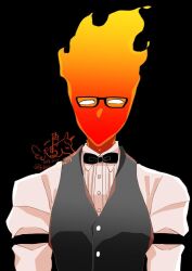  1boy 2023 2d artist_logo artist_name bartender black_background black_bowtie black_vest bowtie dated digital_media elemental_(creature) fire_elemental flaming_head glasses grillby humanoid ikkakutenma male male_focus male_only monster monster_boy no_mouth orange_skin portrait simple_background solo straight-on twitter_username undertale uniform utdr_(toby_fox) vest 