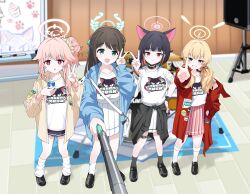  4girls :d absurdres after-school_sweets_club_(blue_archive) ahoge airi_(band)_(blue_archive) airi_(blue_archive) animal_ears animal_hands ankle_socks asymmetrical_sidelocks badge bag belt black_choker black_hair black_jacket black_mask black_shoes black_socks black_wrist_cuffs blonde_hair blue_archive blue_carpet blue_jacket blurry blush bow bracelet brown_eyes brown_hair button_badge cake cake_slice cat cat_ears cat_paws chain choker clothes_around_waist collarbone collared_jacket colored_inner_animal_ears colored_inner_hair commentary_request depth_of_field drum drum_set english_text flipped_hair food green_bow green_eyes green_halo grin hair_bow hair_bun hair_ornament hair_ribbon hair_scrunchie halo hand_on_own_hip high-waist_skirt highres holding_juice_box ice_cream instrument jacket jacket_around_waist jewelry juice_box kazusa_(band)_(blue_archive) kazusa_(blue_archive) kneehighs korean_commentary long_hair long_sleeves loose_socks low_twintails macaron mask_lift miniskirt multicolored_hair multiple_bracelets multiple_girls natsu_(band)_(blue_archive) natsu_(blue_archive) official_alternate_costume open_clothes open_jacket open_mouth parted_lips pink_hair pink_halo pink_skirt pink_wrist_cuffs pleated_skirt poorunii puffy_long_sleeves puffy_sleeves red_eyes red_jacket red_ribbon ribbon ring scrunchie selfie_stick shirt shoes short_hair short_sleeves shoulder_bag side-by-side sidelocks simple_background single_side_bun skirt slit_pupils smile socks standing sticker t-shirt thigh_belt thigh_strap transparent_background twintails two-tone_hair v v-shaped_eyebrows v-shaped_eyes white_carpet white_shirt whiteboard wrist_cuffs yellow_halo yoshimi_(band)_(blue_archive) yoshimi_(blue_archive) 