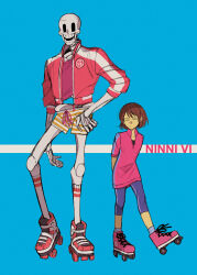  1boy 1other 2018 2d ambiguous_gender ankle_boots aqua_background arms_behind_back blue_pants blue_shirt blue_shorts blue_socks boots brown_boots brown_hair child digital_media double_horizontal_stripe duo frisk_(undertale) full_body height_difference highres horizontal-striped_clothes human humanoid jacket male monster monster_boy orange_jacket papyrus_(undertale) pink_stripes red_boots shirt short_hair shorts simple_background skeleton socks standing striped_clothes striped_pants striped_shirt striped_shorts striped_socks teeth two-tone_shirt undead under_mizo undertale utdr_(toby_fox) white_shorts white_socks 