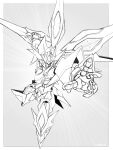  charging_forward english_commentary flying greyscale highres holding holding_sword holding_weapon kadej mecha monochrome no_humans oobari_masami_(style) open_hand original science_fiction solo sword v-fin weapon 