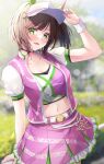  1girl adjusting_clothes adjusting_headwear animal_ears belt blurry blurry_background blush brown_hair commentary_request green_eyes hair_ornament highres horse_ears horse_girl ines_fujin_(umamusume) looking_at_viewer midriff navel open_mouth primamiya solo umamusume visor_cap 