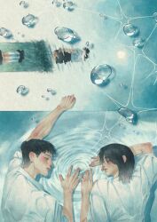  2boys black_hair black_shoes closed_eyes finger_touching highres implied_yaoi kieltokki looking_at_another male_focus multiple_boys original reflection reflective_water ripples shirt shoes shorts socks water water_drop white_shirt white_socks 