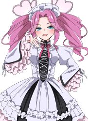  1girl absurdres black_dress blue_eyes blush breasts cowboy_shot cross-laced_clothes cross-laced_top curtained_hair dress drill_hair frilled_dress frilled_hairband frilled_sleeves frills hair_ornament hairband hand_on_own_hip hand_up hashtag-only_commentary heart heart_hair_ornament highres juliet_sleeves long_hair long_sleeves lonsooooooooo looking_at_viewer medium_breasts neck_ribbon open_mouth parted_bangs pink_hair pink_ribbon puffy_sleeves ribbon shikoku_metan sidelocks simple_background smile solo straight-on tsurime twin_drills two-tone_dress utau voicevox white_background white_dress white_hairband wide_sleeves 