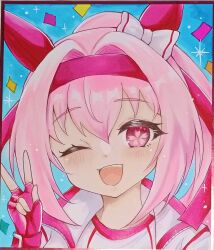  1girl ;d absurdres animal_ears blush bow commentary_request confetti ear_bow fingerless_gloves flower-shaped_pupils gloves gym_shirt hair_between_eyes hairband hand_up haru_urara_(bestest_prize)_(umamusume) haru_urara_(umamusume) highres horse_ears jacket looking_at_viewer one_eye_closed open_clothes open_jacket photo_(medium) pink_hair ponytail purple_gloves purple_hairband shikishi shirt smile solo symbol-shaped_pupils terimuku track_jacket traditional_media umamusume v violet_eyes white_bow white_jacket white_shirt 