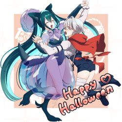  2girls absurdres ahoge air_bubble animal_costume animal_ears aqua_hair bandaid bandaid_on_face bandaid_on_nose basket big_bad_wolf big_bad_wolf_(cosplay) black_hair breasts bubble capelet colored_inner_hair cosplay dancing endoua_trpg goddess_of_victory:_nikke grey_hair hair_intakes highres holding_hands hood hooded_capelet large_breasts little_mermaid_(nikke) little_red_riding_hood_(fairy_tale) little_red_riding_hood_(fairy_tale_character) little_red_riding_hood_(fairy_tale_character)_(cosplay) long_hair mori_(nikke) multicolored_hair multiple_girls open_mouth red_capelet red_hood see-through_clothes short_hair smile very_long_hair wolf_costume yellow_eyes 