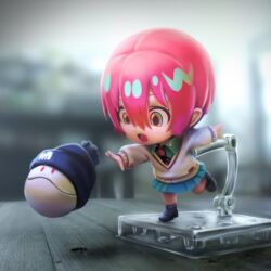  1girl :o amate_yuzuriha aqua_eyes aqua_shirt beanie black_boots blue_skirt blurry blurry_background boots chibi chibi_only collared_shirt commentary figure gundam gundam_gquuuuuux hair_between_eyes haro hat looking_at_another multicolored_eyes necktie nekoita nendoroid open_mouth outstretched_arm painttool_sai_(medium) pleated_skirt pom_pom_(clothes) pom_pom_beanie reaching realistic red_eyes red_hair red_necktie school_uniform shirt short_hair skirt sweater two-tone_eyes white_sweater 