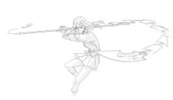  1girl floating_hair fujino_shizuru fuuka_academy_school_uniform greyscale guri_gom highres holding holding_polearm holding_weapon jacket long_hair looking_at_viewer monochrome motion_blur my-hime naginata no_mouth pleated_skirt polearm school_uniform skirt socks solo weapon 