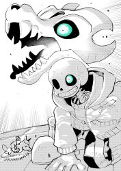  1boy 2023 2d arm_support artist_logo artist_name blue_eyes dated digital_media drawstring emphasis_lines fighting_stance gasterblaster glowing glowing_eye greyscale hood hood_down hooded_jacket humanoid ikkakutenma jacket male male_focus male_only monochrome monster monster_boy on_one_knee open_clothes open_jacket sans_(undertale) skeleton skull solo tank_top teeth twitter_username undead undertale utdr_(toby_fox) 