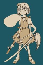  1girl aqua_background archived_source bloom blunt_bangs blunt_ends bob_cut bobby_socks bow bowtie breast_pocket buttons closed_mouth collared_shirt color_contrast commentary_request dated_commentary dot_nose dual_persona expressionless full_body hair_ribbon hairband jpeg_artifacts kanobaya katana konpaku_youmu konpaku_youmu_(ghost) legs_apart lowres mary_janes medium_skirt monochrome petticoat pocket print_skirt print_vest puffy_short_sleeves puffy_sleeves ribbon sheath shirt shoes short_hair short_sleeves short_sword skirt sleeve_cuffs socks solo spirit standing sword touhou undershirt unsheathed vest weapon wing_collar 