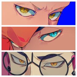  3boys aqua_eyes black-framed_eyewear border commentary_request corbeau_(pokemon) dark-skinned_male dark_skin drayton_(pokemon) eye_focus glasses headband highres male_focus multiple_boys omaega_osi orange_headband pokemon pokemon_legends:_z-a pokemon_sv pokemon_swsh raihan_(pokemon) round_eyewear sanpaku slit_pupils tassel white_border yellow_eyes 