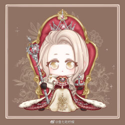  1girl asymmetrical_hair black_gloves blonde_hair brown_background chibi chinese_commentary closed_mouth commentary_request crown dress expressionless eyes_visible_through_hair floral_background flower forehead fur-trimmed_robe fur_trim gem glint gloves gown holding holding_scepter jewelry layered_dress light_blush light_frown long_dress long_hair looking_at_viewer necklace nikki_(series) on_throne path_to_the_crown_(shining_nikki) picture_frame pleated_dress red_dress red_gemstone red_robe robe rose scepter shining_nikki sitting sitting_on_throne solo sparkle straight-on tareme wavy_hair xiaoyu_qixing yellow_dress yellow_eyes 