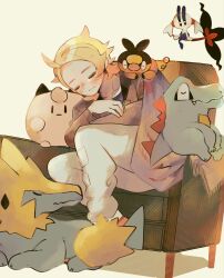  1boy ahoge antennae blonde_hair blush chair character_doll closed_eyes closed_mouth collarbone doll fang fang_out floating floette floette_(eternal) flower gradient_hair highres jacket long_sleeves male_focus manectric multicolored_hair object_riding on_shoulder pam0y0 pants pink_hair pokemon pokemon_(creature) pokemon_legends:_z-a pokemon_on_shoulder short_hair simple_background sitting sleeping tepig totodile urbain_(pokemon) white_background white_pants 