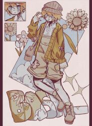  1boy absurdres arm_up bandaid bandaid_on_knee bandaid_on_leg basil_(birthday)_(omori) basil_(faraway)_(omori) basil_(omori) blonde_hair blue_eyes blush boots bright_pupils brown_boots brown_hat brown_overalls character_name collared_shirt flower full_body green_card hat highres ikiosu_(bloobaybeach) long_sleeves male_focus newsboy_cap omori open_mouth overall_shorts overalls shirt short_hair sidelocks smile socks solo sunflower white_pupils white_shirt 