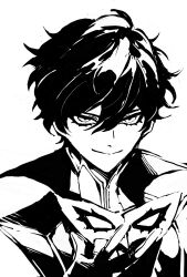  1boy amamiya_ren closed_mouth collared_shirt eye_mask greyscale high_contrast highres holding holding_mask male_focus mask monochrome persona persona_5 portrait purano7 shirt short_hair simple_background sketch smile solo white_background 
