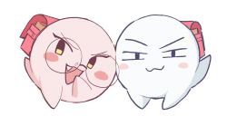  2girls backpack bag blush boo_(mario) child_gf_(orenji) commentary covering_own_mouth fank ghost hand_over_own_mouth highres looking_at_viewer mesugaki mesugaki_(orenji) monsterification multiple_girls orenjipiiru original raised_eyebrow randoseru red_bag round_eyewear sharp_teeth simple_background super_mario_bros. tail teeth yellow_eyes 