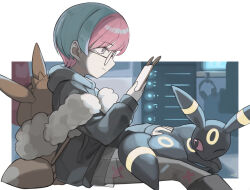  absurdres blue_hair cellphone character_backpack closed_mouth commentary_request eevee_backpack eyelashes from_side glasses grey_eyes grey_hoodie grey_pantyhose headphones highres holding holding_phone hood hood_down hoodie long_sleeves multicolored_hair one_eye_closed pantyhose penny_(pokemon) petting phone pokemon pokemon_(creature) pokemon_sv print_pantyhose red_hair see-through_clothes see-through_skirt short_hair sitting skirt smartphone smile two-tone_hair tyaui_(xjju4435) umbreon unworn_headphones very_short_hair 