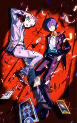  2boys :d antenna_hair ball black_hair blue_bow blue_bowtie blue_hair blue_jacket blue_pants blue_suit bow bowtie brown_shoes card closed_mouth confetti curtains death_(tarot) floating floating_card frown full_body grey_jacket grey_pants grey_suit hair_over_one_eye hand_in_pocket highres holding holding_ball jacket looking_at_viewer male_focus mochizuki_ryouji multiple_boys one_eye_closed open_clothes open_jacket open_mouth orange_bow orange_bowtie pants persona persona_3 red_background rrrrrrrrrrrou1 shirt shoes short_hair smile suit tarot tarot_card white_shirt yuuki_makoto_(persona_3) 