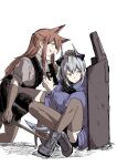  2girls animal_ear_fluff animal_ears arknights black_footwear black_skirt blue_coat brown_eyes brown_gloves brown_hair brown_legwear coat dragon_girl dragon_horns dragon_tail elbow_gloves eyebrows_visible_through_hair fox_ears franka_(arknights) full_body gloves grey_hair grey_shirt gun hand_on_another&#039;s_head haruichi_(sazanami_complex) high-waist_skirt holding holding_gun holding_sword holding_weapon horns knees_up liskarm_(arknights) long_hair long_sleeves multiple_girls one_knee open_clothes open_coat open_mouth puffy_long_sleeves puffy_sleeves red_eyes riot_shield seiza shield shirt shoes short_hair short_ponytail short_sleeves simple_background sitting skirt sneakers sword tail thigh-highs trigger_discipline v-shaped_eyebrows weapon white_background 