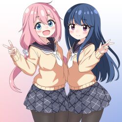  2girls black_pantyhose black_sailor_collar blue_eyes blue_hair blush closed_mouth commentary_request cowboy_shot dot_nose double-parted_bangs gradient_background grey_skirt hand_up highres kagamihara_nadeshiko long_hair long_sleeves looking_at_viewer miniskirt motosu_school_uniform multiple_girls neckerchief open_mouth pantyhose pink_hair pleated_skirt posing sailor_collar sakuzo school_uniform shima_rin skirt smile split_mouth sweater v violet_eyes w white_neckerchief wispy_bangs yellow_sweater yurucamp 
