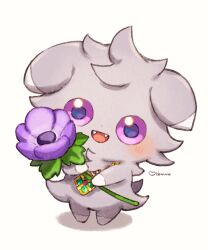  3ikurasan :d blush commentary_request espurr fangs flower happy highres holding holding_flower no_humans open_mouth pokemon pokemon_(creature) pokemon_focus purple_flower signature smile solo standing tongue violet_eyes white_background 