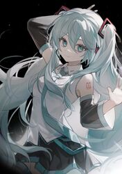  1girl absurdres aqua_eyes aqua_hair aqua_necktie black_skirt closed_mouth cowboy_shot detached_sleeves frills hatsune_miku highres hisakawa_sora light_particles long_hair multicolored_background necktie pleated_skirt shirt skirt sleeveless sleeveless_shirt smile solo vocaloid white_shirt 