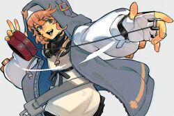  1girl absurdres blond_hair blue_eyes bridget_(guilty_gear) cuffs female female_focus female_only fingerless_gloves franzkafkaffee gloves guilty_gear guilty_gear_strive handcuffs highres hood hood_up hooded_jacket hoodie jacket looking_at_viewer open_clothes open_hoodie open_mouth short_hair smile solo solo_focus yo-yo 